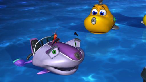 Links erzählt Transport-Scooter Skid von seinen Taten. Rechts daneben schauen die beiden U-Boote  Timmy und Bess mit genervtem Blick zu ihm.