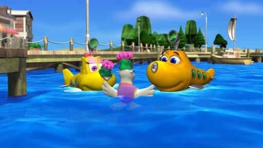 Die zwei gelben U-Boote Bess und Timmy und Robbe Roberta sind an der Wasseroberfläche und schauen sich fröhlich an. Im Hintergrund ein Bootssteg.