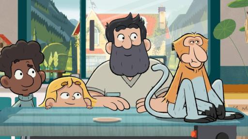 Tommy, Taylor und Hector stehen an einem Tisch. Auf dem Tisch sitzt ein Affe mit vollen Backen zufrieden kauend in einer Ecke.