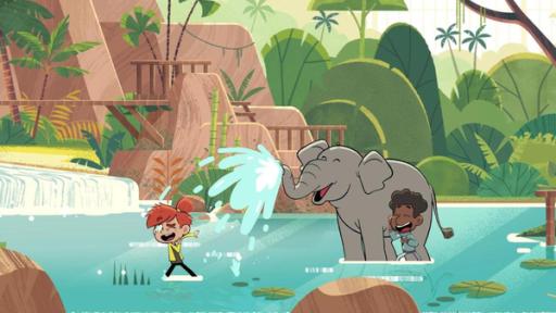 Taylor und Tommy sind mit dem Elefanten im See am Wasserfall. Alle lachen, denn Elefant Eesha spritzt mit Wasser aus dem Rüssel auf Taylor.