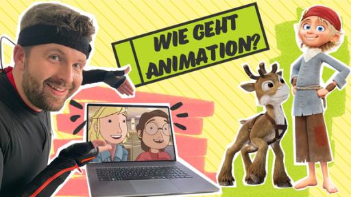 Tim in einem Tracking-Anzug. Rechts neben ihm ein aufgeklappter Laptop. Auf dem Bildschirm sind Fritzi und Sophie aus dem Film Fritzi - Eine Wendewundergeschichte zu sehen. Rechts stehen die animierten Figuren Rentier Niko und Piratin Mo. Oberhalb das Textfeld mit der Frage Wie geht Animation.