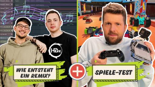 Ein mittig geteiltes Bild. Links die Jungs von HBz vor Tonspuren eines Musik-Programms im Hintergrund. Rechts Tim mit Gamepad und ferngesteuertem Auto vor einer Szene aus dem Spiel Hot-Wheels.