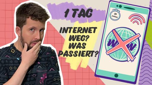 Links steht Tim und schaut fragend auf ein Handy. Aus dem Display des Handys ist das Symbal für das Internet durchgestrichen. Zwischen Tim und dem Handy steht der Text: 1 Tag Internet weg? Was passiert?