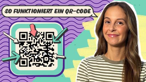 Links ein QR-Code, der zur Website teamtimster.de führt. Auf ihn zeigen viele Pfeile. Soraya lächelnd daneben. Über ihr ist eine Sprechblase mit dem Text: So funktioniert ein QR-Code.