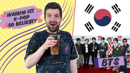 Tim trink einen Bubble-Tea. Neben ihm ist die südkoreanische Flagge, darunter ein Bild der K-Pop Band „BTS“. Links neben Tim steht der Text: Warum ist K-Pop so beliebt?