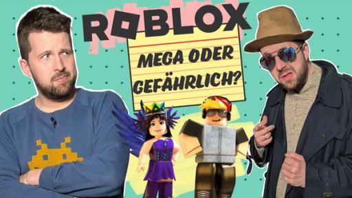 Links Tim. Er schaut skeptisch nach rechts. Dort steht ein Mann mit Hut, Sonnenbrille und langem Mantel. Zwischen den beiden der Text: Roblox - mega oder gefährlich. Unter dem Text sind zwei Roblox-Figuren.