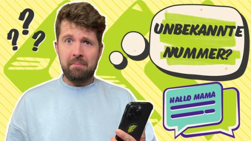 Tim schaut fragend von seinem Handy auf. Neben ihm ist eine Sprechblase mit dem Text "Unbekannte Nummer?".