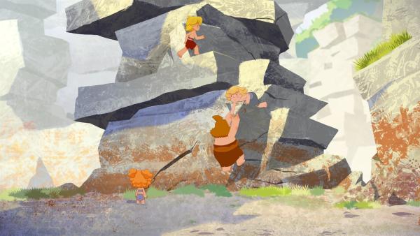 Tib, Nob und Nic klettern auf den Felsen, um Lad zu befreien, doch das ist gar nicht so einfach.   | Rechte: KiKA/hr/TF1/GO-N Productions