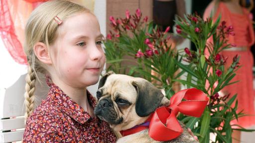 ein Mädchen mit einem Hund mit einer Schleife um den Hans