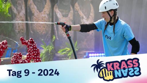 Tag 9: Kampf um den Einzug ins Finale | Rechte: SWR Krass nass! 2024 Tag 9. Die krass-nass-Teilnehmerin Eva spritzt zielsicher mit einem Wasserschlauch.