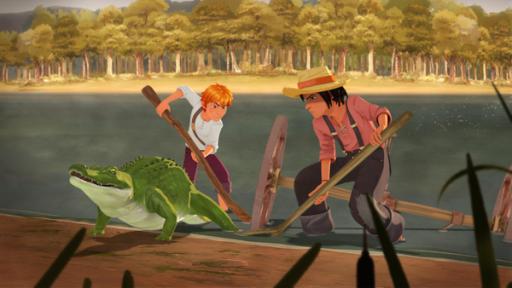 Tom und Huck scheuchen einen Alligator aus dem Wasser.