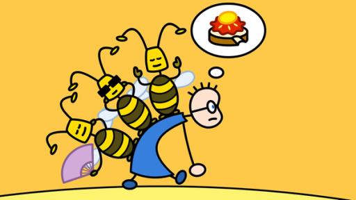 Tom trägt die urlaubsfreudigen Bienen und denkt an ein Erdbeermarmeladebrot mit Honig