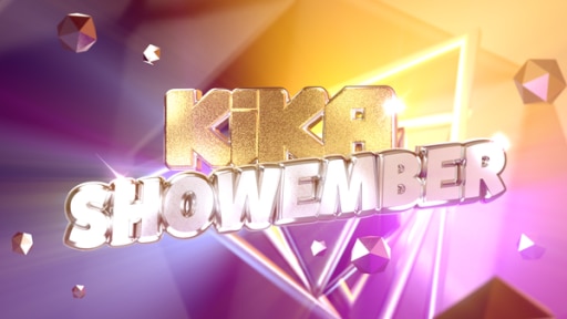 Gold-Silbernes Logo "KiKA Showember" im intergrund violette und golde Dreiecke