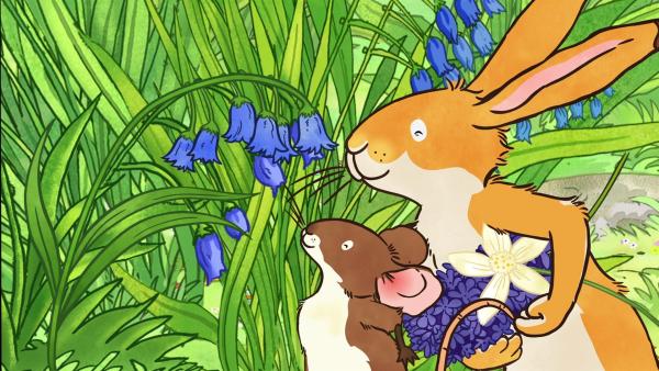 Mit seiner Freundin, der kleinen Feldmaus, begibt sich der kleine braune Hase auf die Suche nach dem Duft und sie finden herrlich duftende Blumen auf der Wiese. | Rechte: KiKA/SLR Productions Australia Pty.Ltd./Scrawl Studios Pte Ltd./hr/ARD