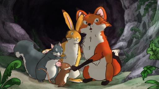 Rechte: KiKA/SLR Productions Australia Pty.Ltd./Scrawl Studios Pte Ltd./hr/ARD Der kleine Hase, die kleine Feldmaus, das kleine Grauhörnchen und die kleine Rotfüchsin schützen sich zusammen vor dem heraufziehenden Sturm.