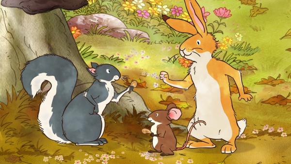 Das graue Eichhörnchen, die kleine Feldmaus und der kleine braune Hase finden Ahornsamen. | Rechte: KiKA/SLR Productions Australia Pty.Ltd./Scrawl Studios Pte Ltd./hr/ARD 