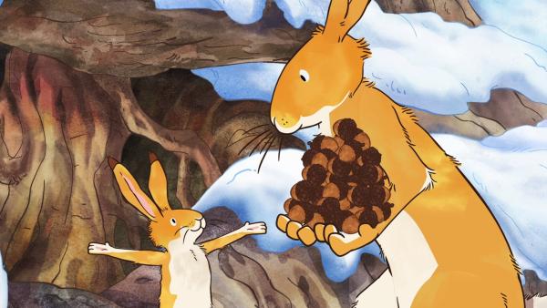 Der kleine braune Hase erzählt dem großen braunen Hasen vom neuen Versteckspiel. | Rechte: KiKA/SLR Productions Australia Pty.Ltd./Scrawl Studios Pte Ltd./hr/ARD