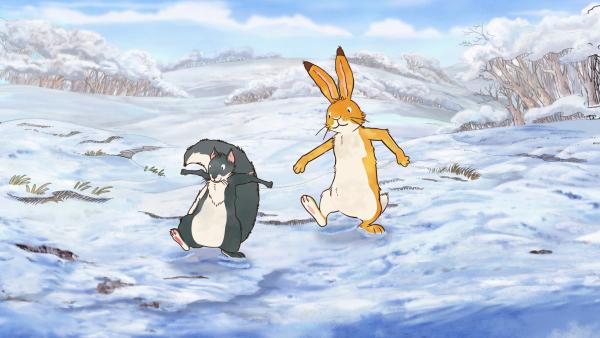 Der kleine braune Hase und das kleine Grauhörnchen wandern durch den Schnee. | Rechte: KiKA/SLR Productions Australia Pty.Ltd./Scrawl Studios Pte Ltd./hr/ARD