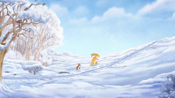 Der kleine Hase und die kleine Feldmaus folgen der Spur im Schnee. | Rechte: KiKA/SLR Productions Australia Pty.Ltd./Scrawl Studios Pte Ltd./hr/ARD