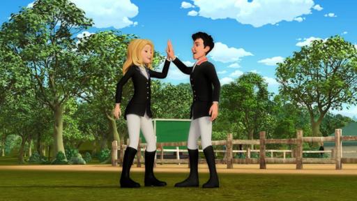 Wendy (links) und Jerry (rechts) geben sich ein High Five. Sie tragen beide Turnierkleidung.