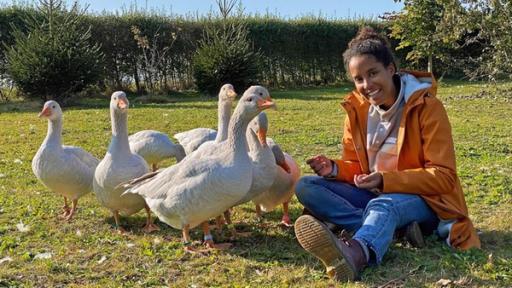 Hausgans | Alex‘ Gänse sind so lieb, dass Pia sich schon nach kurzer Zeit zu ihnen setzen und mit ihnen um die Wette schnattern kann.