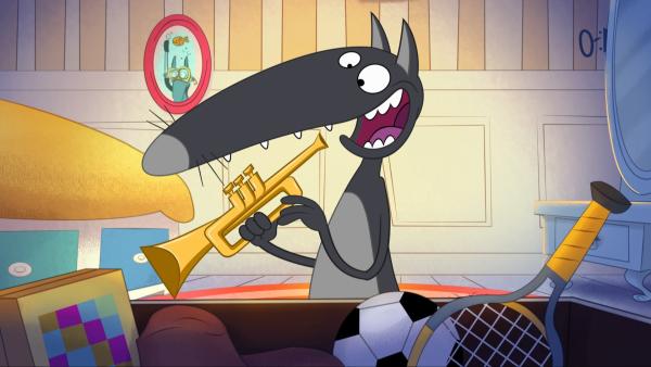 Eine Runde Trompete spielen hält nicht nur Wolf wach. | Rechte: KiKA/Samka Productions