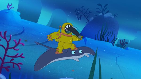 Am Meeresboden schließt Wolf Freundschaft mit einem Rochen. | Rechte: KiKA/Samka Productions