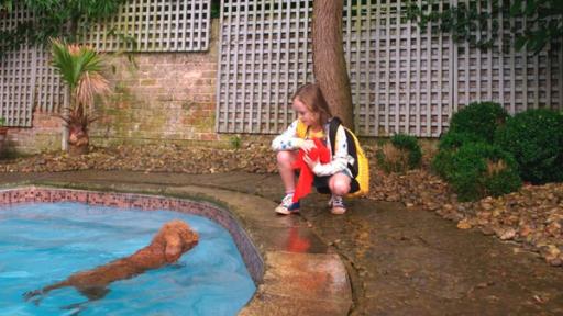 Wuffel schwimmt im Pool. Evi kniet daneben und hält ein Handtuch in der Hand.