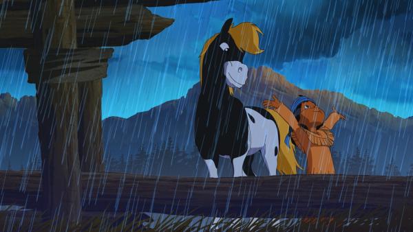 Yakari und sein Pony Kleiner Donner genießen den Regen. | Rechte: WDR/Storimage