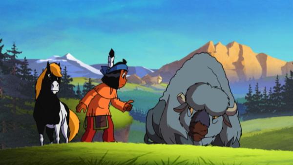 Yakari trifft einen alten Bison, der sich von seiner Herde abgesetzt hat, weil er meint, dass sein letzter Tag gekommen sei. | Rechte: KiKA/Storimages