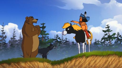 Yakari spricht mit dem Fuchs und dem Bär.
