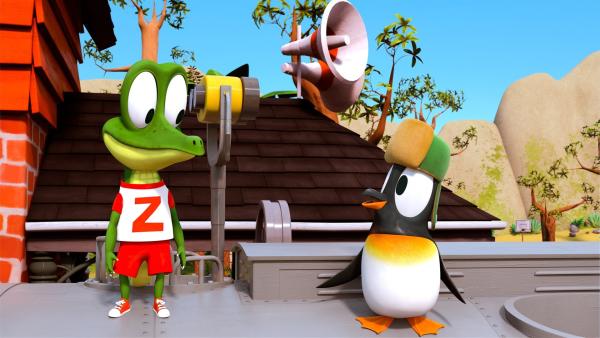 Zacki versteht Jonathans Wunsch, als Pinguin auch mal fliegen zu wollen. Das pfiffige Krokodil Zacki kann Jonathans Wunsch bestimmt erfüllen. | Rechte: ZDF/Grid Animation, TELEGAEL