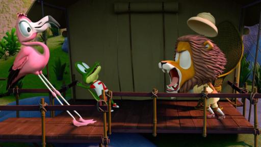 Der Gruselfilm | Rechte: ZDF/ Grid Animation Löwe Lionel (rechts) brüllt mit weit aufgerissenem Maul das Krokodil Zacki und Flamingo Flora an (beide links).