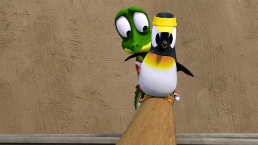 Klein hilft Groß | Rechte: ZDF/ Grid Animation Pinguin Anni (Mitte) balanciert sicher über einen Holzstamm, Krokodil Zacki ist hinter ihr und sieht sehr verängstigt aus.