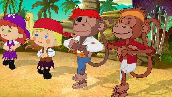 Tanja, QuackQuack und Zoé tanzen gemeinsam mit ihren neuen Freunden – den Affenpiraten. | Rechte: KiKA/Mike Young Productions