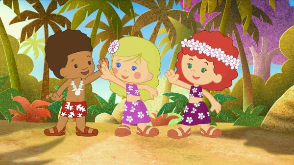 Diesmal reisen Hamid, Zoé und Tanja auf eine tropische Insel. | Rechte: KiKA/Mike Young Productions