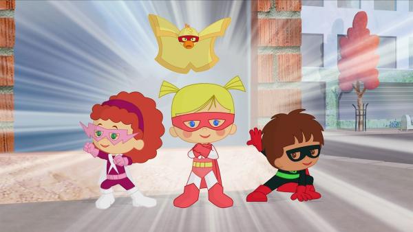 Heute sind Zoé und ihre Freunde Tanja, Finn und QuackQuack Superhelden. | Rechte: KiKA/Mike Young Productions