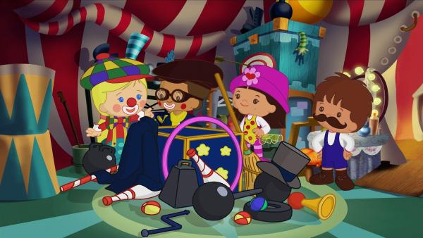 Clown Zoé und ihre Freunde Hamid, Yasemin und Finn erleben diesmal ein Abenteuer im Zirkus. | Rechte: KiKA/Mike Young Productions