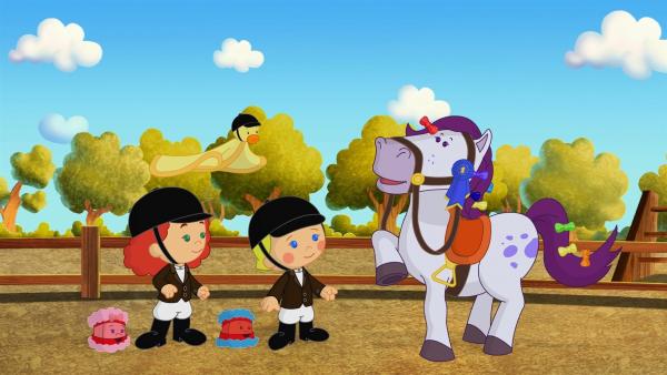 Tanja, QuackQuack, Zoé und Mandy sind auf einem Ponyhof. | Rechte: KiKA/Mike Young Productions
