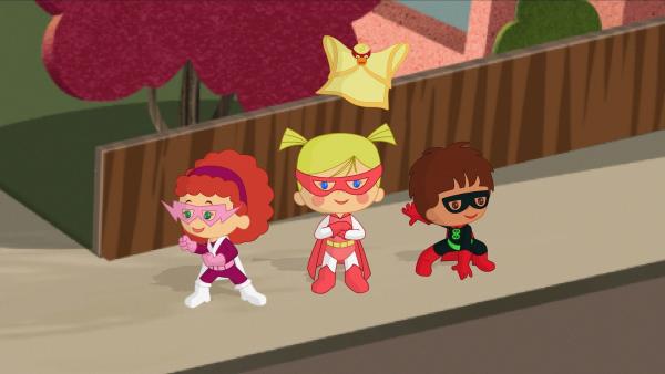 Tanja, Zoé, QuackQuack und Finn als supertolle Superhelden. | Rechte: KiKA/Mike Young Productions