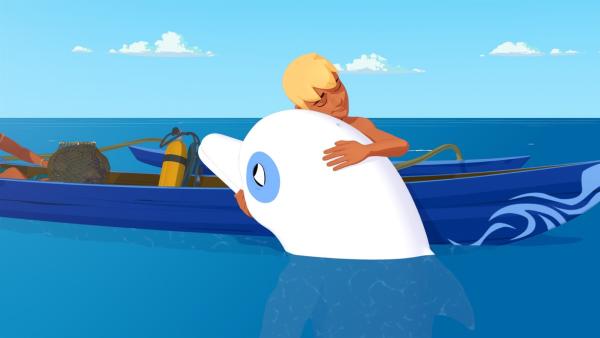 Yann umarmt seinen Freund Zoom. Er hat ihm geholfen, Muscheln zu sammeln. Yann hofft, darin eine schwarze Perle zu finden. | Rechte: ZDF/Media Valley/Marzipan Films/TF1/Gaumont Animation