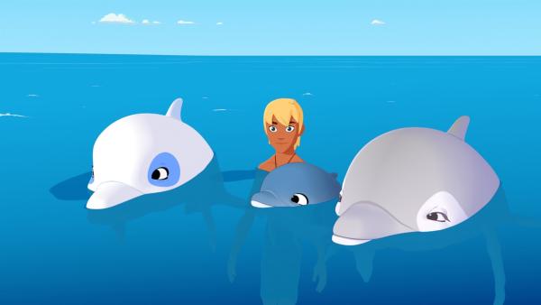 Yann und Zoom haben einen Baby-Delfin und seine Mutter entdeckt. Zoom ist begeistert über seine neuen Freunde, Yann dagegen ein wenig eifersüchtig. | Rechte: ZDF/Media Valley/Marzipan Films/TF1/Gaumont Animation