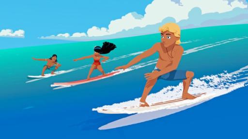 Der beste Surfer | Rechte: ZDF Auru (links), Timeti (mitte) und Yann (rechts) surfen gemeinsam.